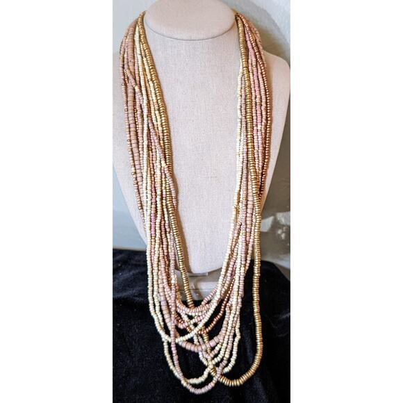 Vintage Twelve Strand Guilded Wood Bead Necklace W/ Hook Clasp - Picture 1 of 7